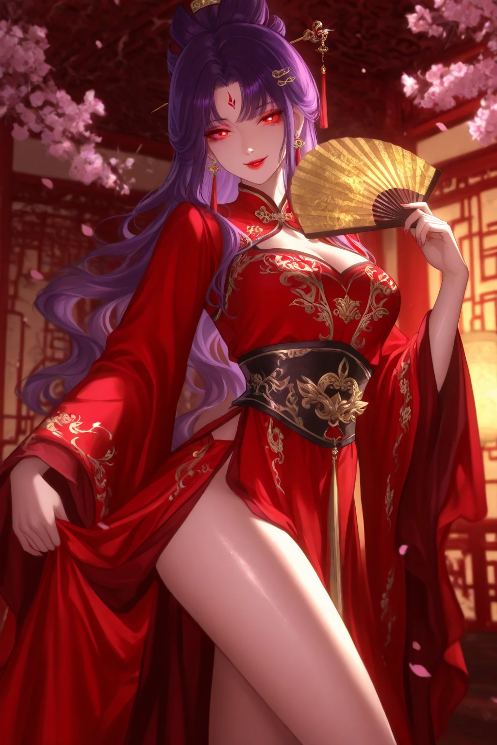 Young boy, long purple hair, fox ears, red eyes, kimono, fan, golden chains, smirk, masterpiece, high quality