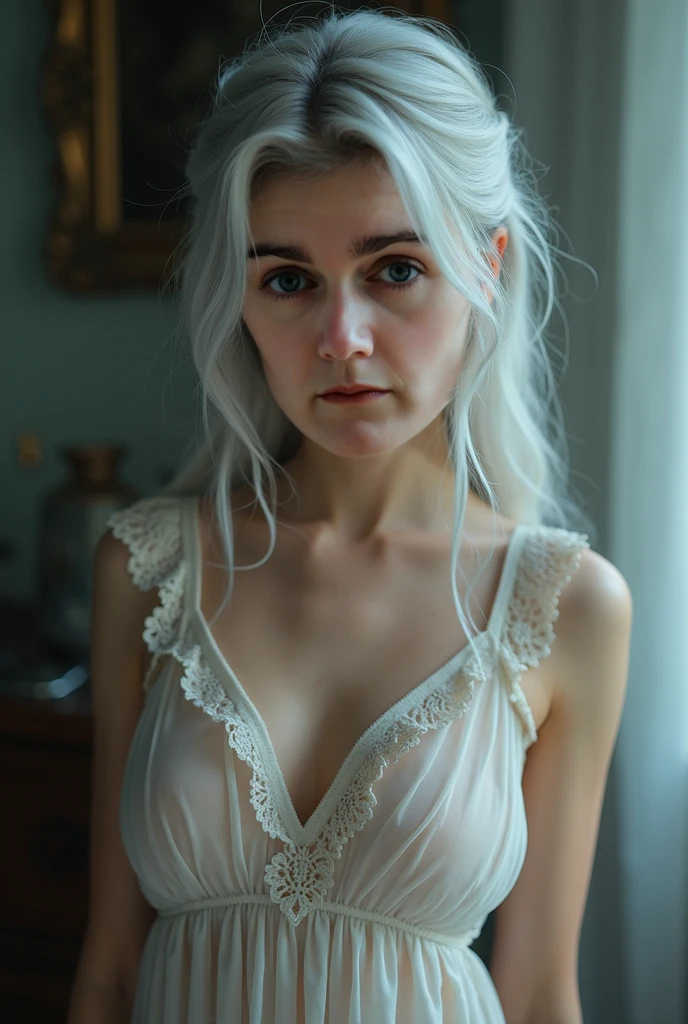 cinematic film still Impressionist Photographic,(full side body),hooded albino fox girl behind the curtain,sunlight coming through the window,(sit),(Hyper-realism),(realistic white skin),(Absolutely detailed photos),(sharp focus),18 yo cute girl,slender,pretty face,best detailed face,subcutaneous vein,Detailed vivid iris and pupile,impressive light,white man's shirt,detailed the cloth,messy hair, low saturation,skin fluff,fine wrinkles,(natural skin blemishes:0.5), (freckles:0.5),high contrast,best Ray tracing, light and shadow play,highly detailed,24mm photograph, film, bokeh, professional, 4k,grab breasts,haughty attitude,smooth swollen nipples,dust,glaring,film grain,, shallow depth of field, vignette, highly detailed, high budget Hollywood film, cinemascope, moody, epic, gorgeous, 