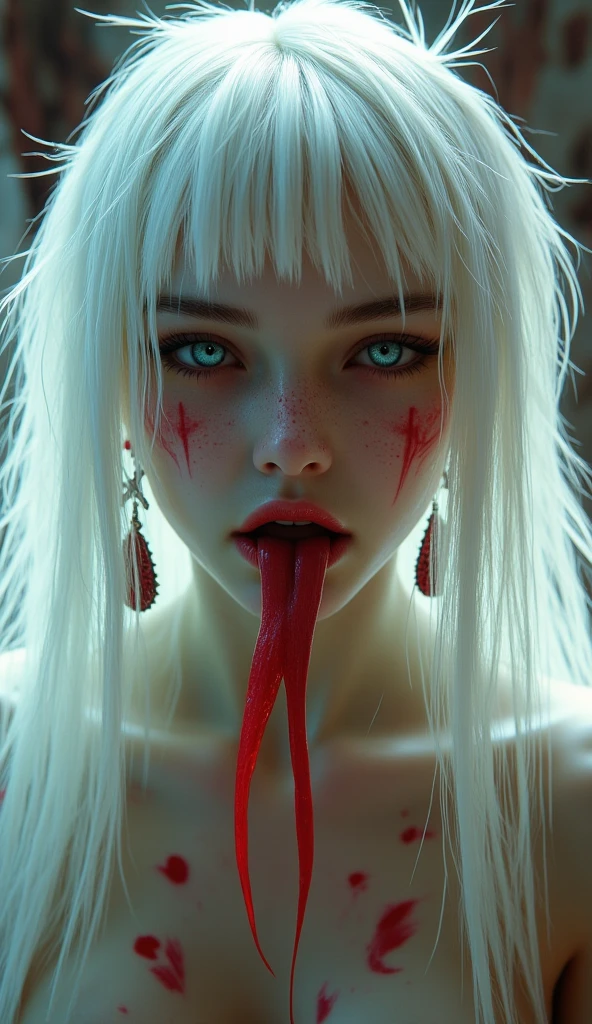 Monstrous hand, veias saltadas, pale skinned, garas negras, demonic mouth in palm, um olho vermelho, Forked tongue