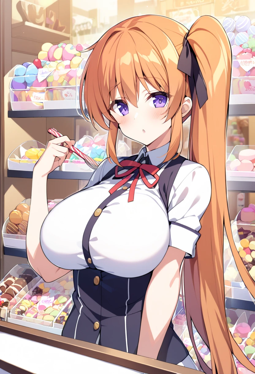 1girl ,solo, nsfw, takamachi_nanoha, side Ponytail, orange hair、 long hair, purple eyes, large breasts, , , empty eyes , large breasts, nipple, , Peeing, lactation, projectile lactation, Sweets shop, frozen, wet, crying ,, Naked,