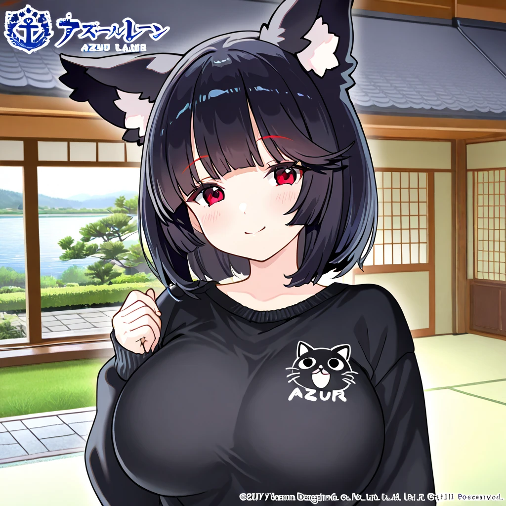 woman with short black hair, neko ears, wearing black cold weather sweatshirt, neko designer on sweatshirt, smiling, with kawaii neko expression, long sleeve sweatshirt, red eyes, in a Japanese house overlooking a Japanese garden with lawn and lake, daytime location, close view of the woman, . (Azur_lane, Yamashiro.)
