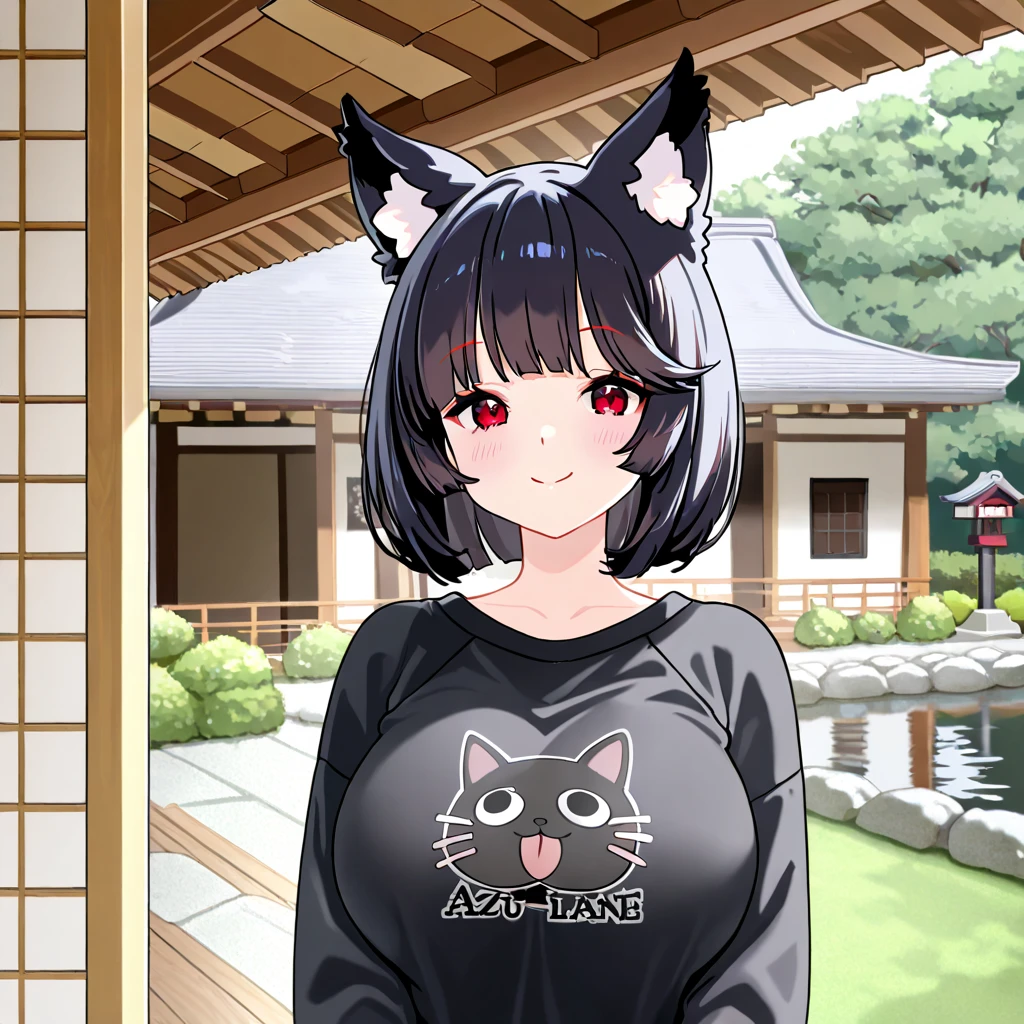 woman with short black hair, neko ears, wearing black cold weather sweatshirt, neko designer on sweatshirt, smiling, with kawaii neko expression, long sleeve sweatshirt, red eyes, in a Japanese house overlooking a Japanese garden with lawn and lake, daytime location, close view of the woman, . (Azur_lane, Yamashiro.)
