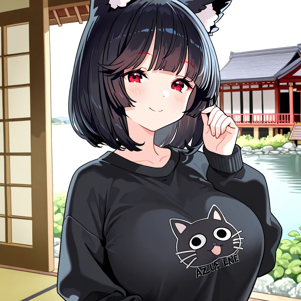 woman with short black hair, neko ears, wearing black cold weather sweatshirt, neko designer on sweatshirt, smiling, with kawaii neko expression, long sleeve sweatshirt, red eyes, in a Japanese house overlooking a Japanese garden with lawn and lake, daytime location, close view of the woman, . (Azur_lane, Yamashiro.)
