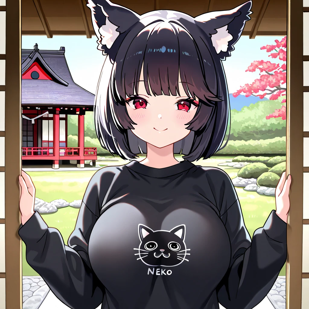 woman with short black hair, neko ears, wearing black cold weather sweatshirt, neko designer on sweatshirt, smiling, with kawaii neko expression, long sleeve sweatshirt, red eyes, in a Japanese house overlooking a Japanese garden with lawn and lake, daytime location, close view of the woman, . (Azur_lane, Yamashiro.)
