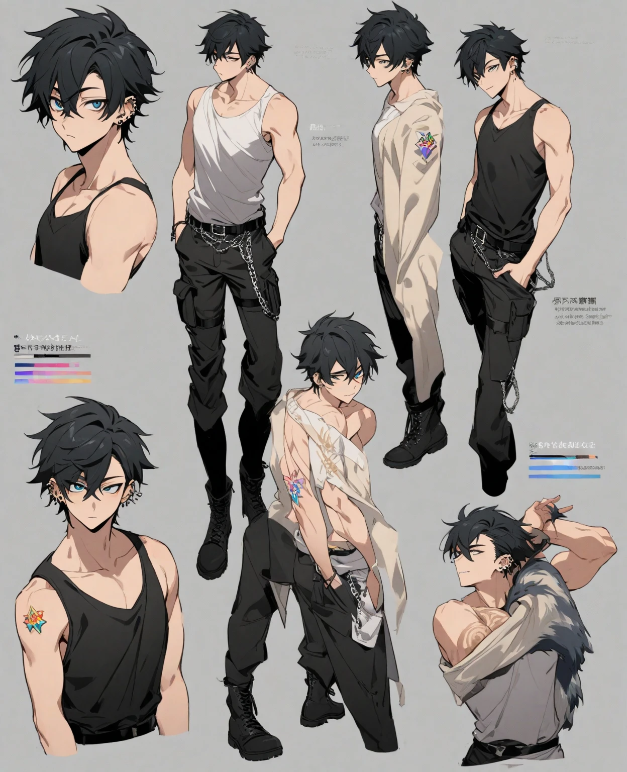 male character design sheet, short twink feminen boy, wearing , straight short hair, reserved and introspective