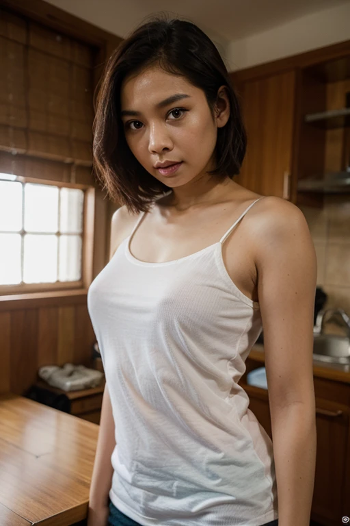 Realistic HD quality photo, detailed face, full body detail, a plus size short-haired Asian girl wearing a tank top wearing hotpant, is drying clothes on the terrace of the house