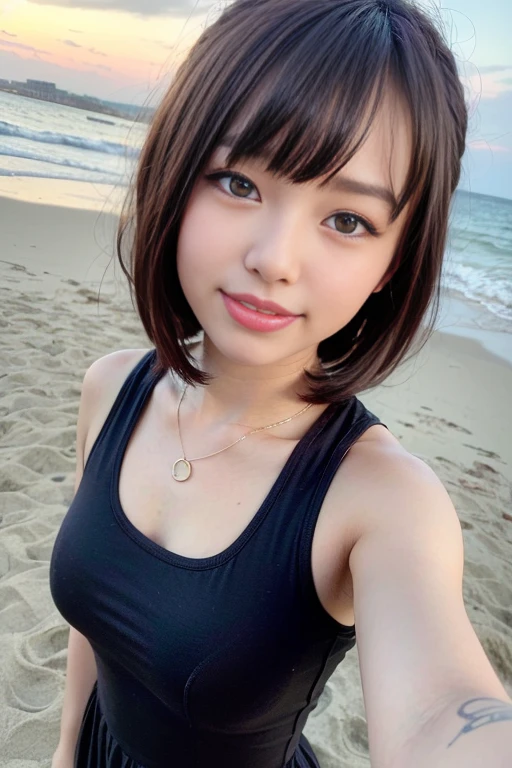 (((masterpiece, highest quality, Super detailed))), 1 female, (((very thin body))) , (((length, thin legs))), (((nice black short hair, thick and fluffy bangs ))), (((highly detailed face))), cosmetics free, small, thin nose, small thin mouth, (((Very sharp focused eyes))), Japanese, beautiful face, smile,(lifelike face), beautiful hairstyle, realistic eyes, fine and beautiful eyes, (real looking skin), beautiful skin, charm, ultra high resolution, surreal, high detail, golden ratio, (detail makeup:1.2),(Wearing a T-shirt:1.2),Bikini Pantyon,tropical beach,sun,Ocean,,shot from below,perfect limbs,gravure pose