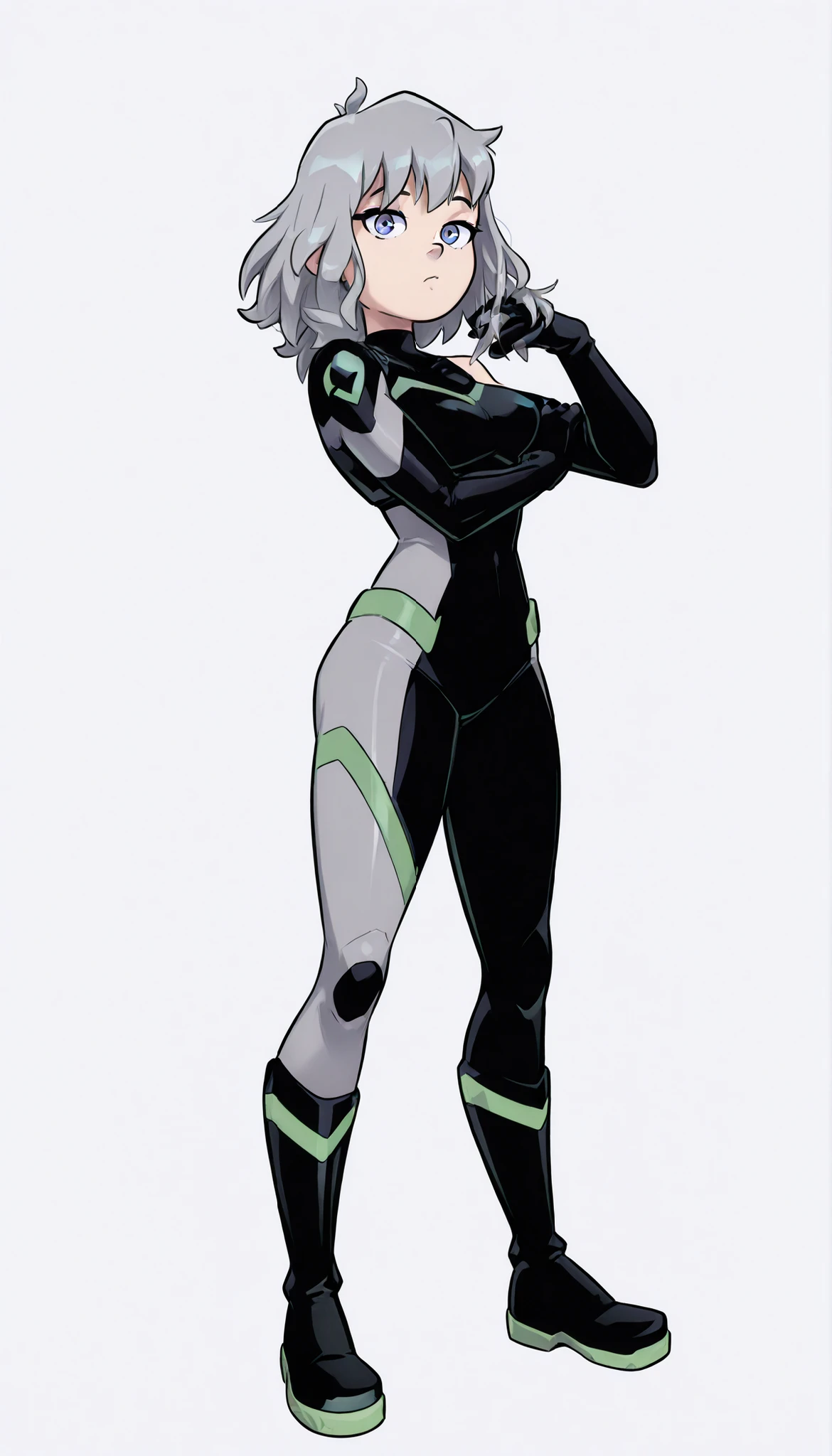 create a female Superheroine character. She has gray blue eyes, her clothes are black Hero Tight Bodysuit with green details, she wears boots (black with green details) that reach the thigh. She wears black gloves that reach only the hand, Not on the fingers. Her hair is smooth and slightly blond with beige! Her skin is black and has type "listras" but only 2 on the shoulder, 1 girl, solo, looking at the viewer, Standing, full body:1.5, Light Gray background, simple background, Simple Light Gray background, ((highest quality)), 