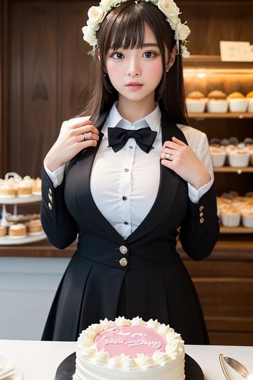 (((masterpiece))), (((highest quality: 1.4))), ((Very detailed: 1.4)) , Japanese maid, Mature Woman, ((A little thick, Round face, About 40)), Rimless round glasses, Wavy black hair with no bangs, Long Hair, Twin ponytail, Flashy makeup, Lips become thicker, Sexy Gaze, uniform, Skirt and thighs、(Ultra-realistic pantyhose:1.3), ((dressing)), Looking into the camera, Low angle shooting, Cute duck mouth,((Extremely precise and accurate anatomy)), (masterpiece:1.43), Perfect balance, Realistic photos, Full Shot, whole body, (height: 148cm), High heels