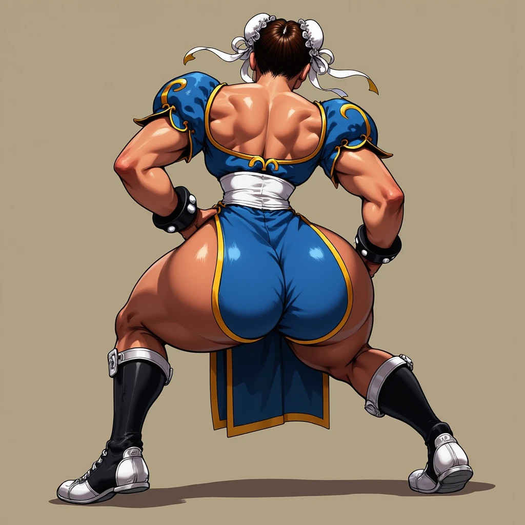 (Best Quality, 8k, 32k,1 Girl, Gigantic Breasts, Thick Thighs, Super Wide Hips, Huge Ass, Perfect Body, Ultra Detailed Face, Brown Hair, Blue Legging Pants, Chun Li, Stuck Hair, Two Buns in Hair.