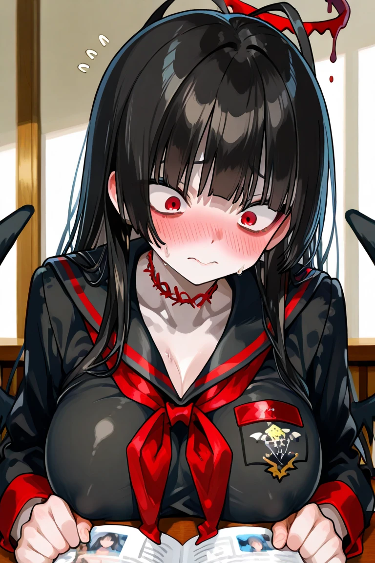 (masterpiece), best quality, high resolution, extremely detailed, detailed background, dark, 1girl, white and black hair, red eyes, looking at viewer, yandere, yandere face, shaded face, crazy eyes, glowing eyes with heart shaped pupils, crazy smile, blood, blood on face, blood on clothes, hands on own cheeks.