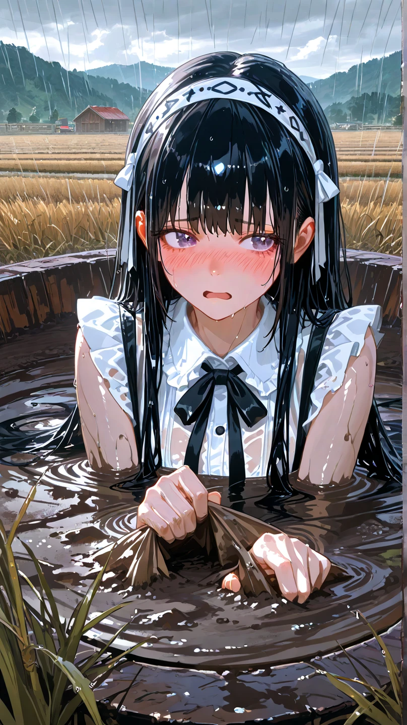 A 19-year-old Japanese college student with long black hair and fair skin has a big ass. She is planting rice naked as a punishment for wetting the bed, and she is bending over with her feet and hands in the mud.、In the ass