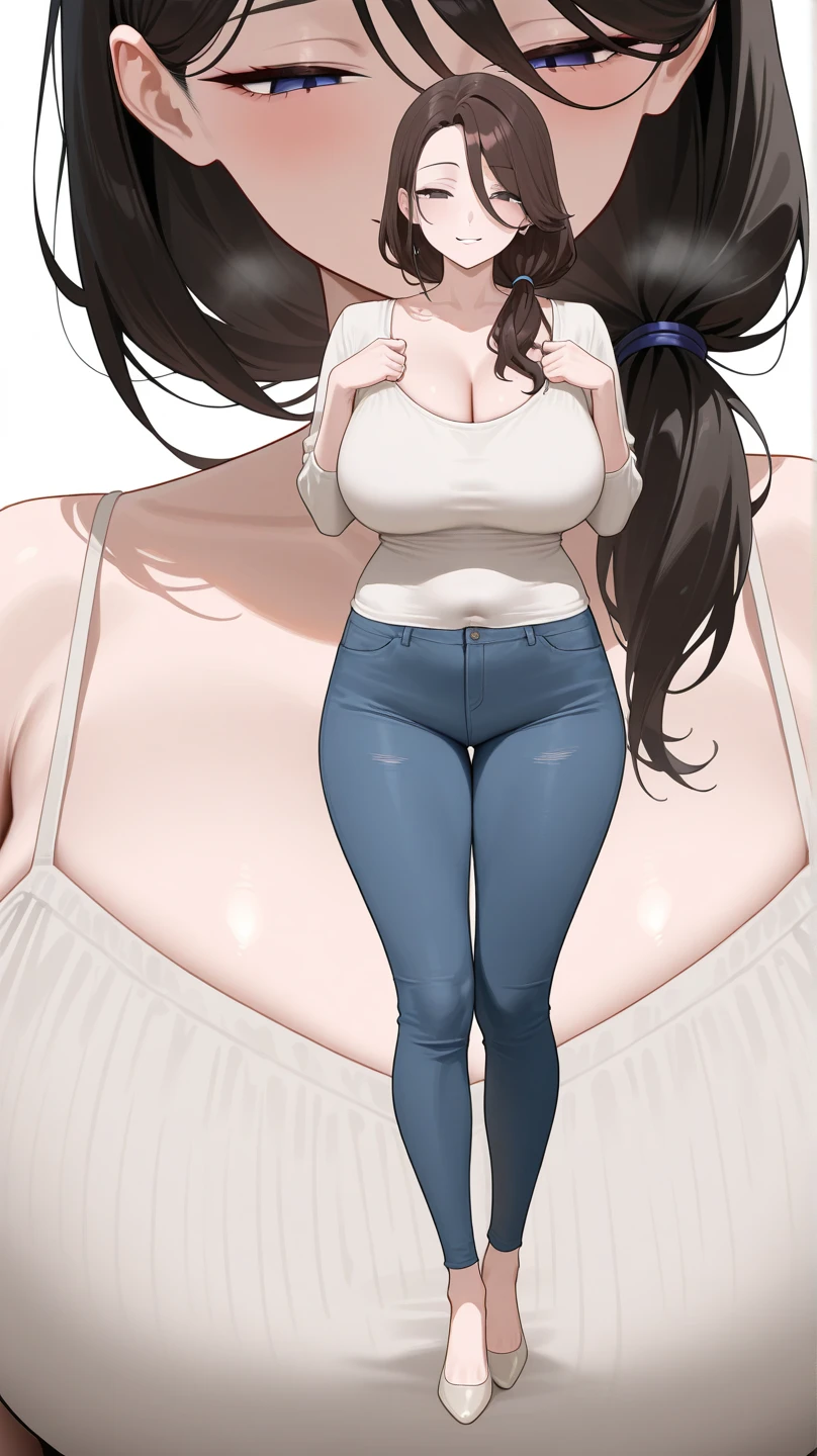 1girl,solo,Mature Woman,Black Hair,long hair,brown eyes color,Glasses,mother,gentle,kind face,Super huge breasts,Flabby thighs,Whipped thighs,huge ass,white knit with vertical lines accentuating the lines of the body,jeans that accentuate the body's curves,necklace,standing up,Emphasis on the buttocks,Taken from the side,Inclusive,White background,best quality, ultra detailed), intricate details,perfect eyes