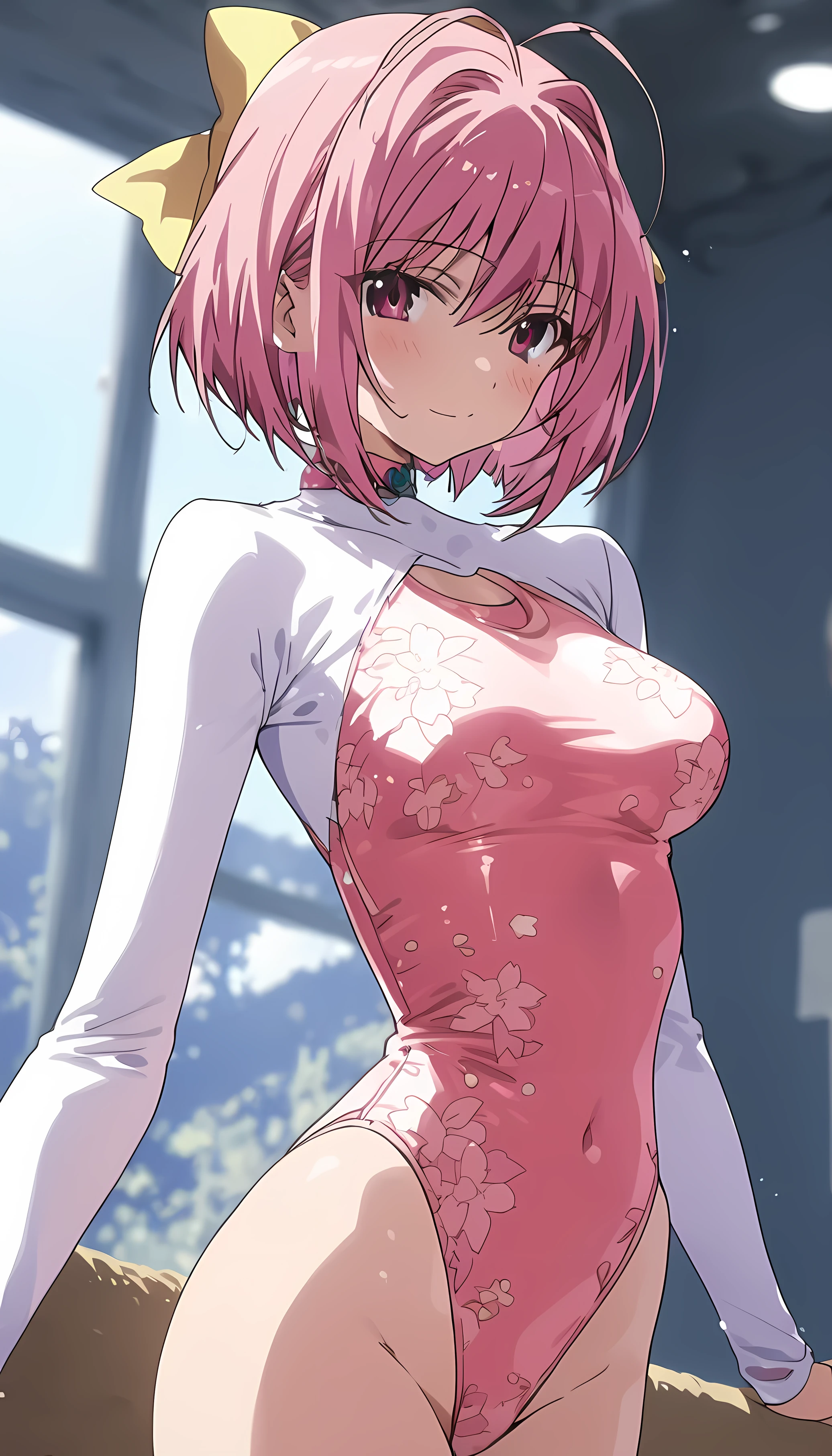expensivequality illustration, masterpiece, Very delicate and beautiful, Attractive girl,(Gymnastics leotard, Floral print leotard,キラキラ輝く装飾が施されたLong sleeve leotard,expensive_Leg leotard,athletic leotard,tight-fitting leotard,Rainbow gradient leotard,Long sleeve leotard),thin,Slender body,slim,expensive school,Gymnasium background,Gymnastics Club,Gymnast,Princess, Beautiful Eyes,A light smile,(masterpiece, Highest quality:1.2), expensiveres, Very detailed CG ユニティ 8k 壁紙, Perfect lighting, colorful, ultra-expensive res,4K,Very detailed, photograph, 8k, High resolution, s old, whole body, kanon nakagawa, nakagawa kanon, short hair, pink hair, hair bow, pink eyes, antenna hair, mature female, medium breasts,