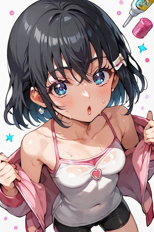 And soul、Stickers、1 beautiful girl、a bit、(((Baby Face、Baby Face、Baby Face、Ultra close-up photo of super flat chest、Pink pajamaainly depicts super flat chest、M-shaped feet、A compassionate smile、Ultra-flat breasts)))、blush、Sleeping together、short hair、White bra、Ultra-flat breastsの乳首