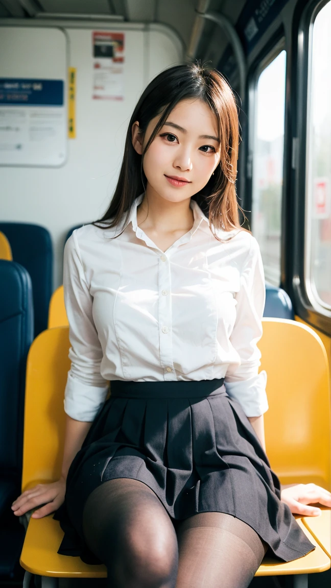 ((Japanese commuter train:1.3)、A woman sitting with her legs apart on a train seat:1.5、Office lady commuting on the Yamanote Line、(Wear glasses:1.4、(Over the knee socks:1.44、Absolute area)、Accurate panty depiction、((White blouse、Navy blue tight skirt:1.5)、(Realistic、Like a photograph、Live Action、8k, Realistic, RAW Photos, Best image quality: 1.4), Single-lens reflex camera、RAW Photos, Highest quality, Realistic, Highly detailed CG Unity 8k wallpaper, Written boundary depth, Cinematic Light, Lens flare, Ray Tracing, Realistic background、((Ultra-Dense Skin))、 23-year-old woman、Cute Japan OL、(whole body:1.5)、Very detailedな顔，avert your eyes:1.1、(Long Hair:1.2、I like that style、stylish、Very detailed、Pay attention to the details、Perfect outfit、(Sunburned skin)、Front view、Accurate hands、Accurate legs、Detailed hands and fingers、Anatomically correct body、Thin legs、Thin thighs、Large Breasts、Very detailedな顔