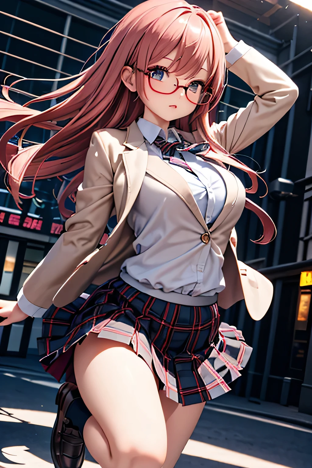 masterpiece, Beautiful art, professional artist, 8k, art style by sciamano240, Very detailed face, Detailed hair, detailed clothing, detailed fabric, 1 girl, perfectly drawn body, beautiful face, broad, very detailed, wearing teacher clothes, thigh high boots, tube skirt, Glasses, looking angrily over Glasses, Sensual Lips , pink cheeks, School environment, detailed background, board , show details in the eyes, close up view, spectator looking, angry expression,