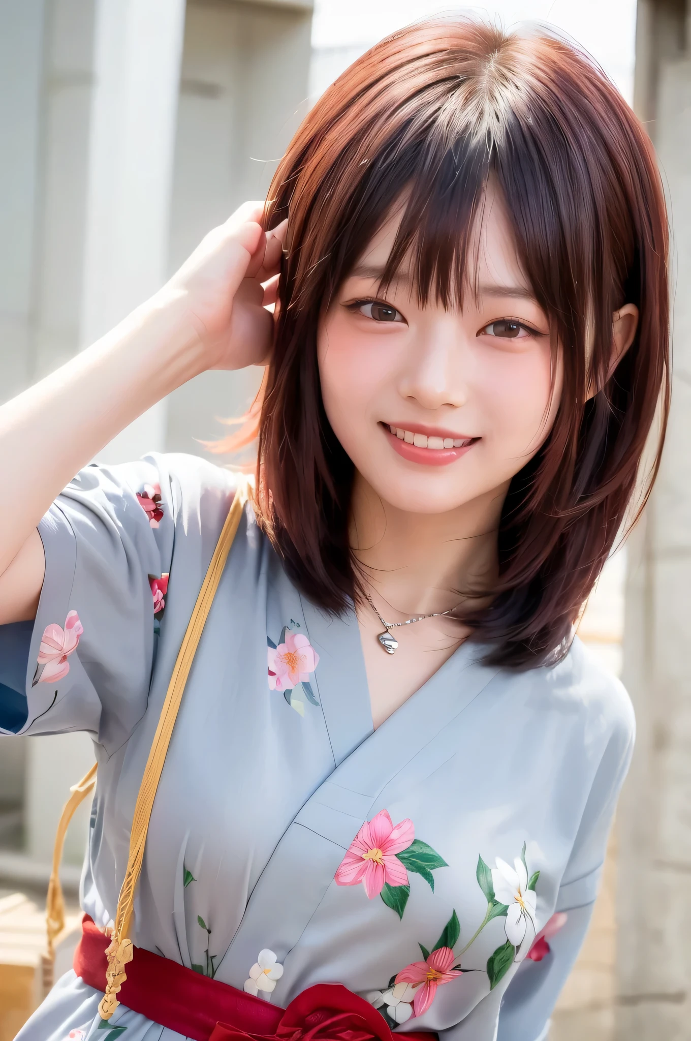 (top quality、8k、32K、masterpiece)、(realistic)、(realistic:1.2)、(high resolution)、very detailed、very pretty face and eyes、1 、round face、tight waist、Delicate Body、(close、top quality、attention to detail、rich skin details)、(top quality、8k、oil:1.2)、(realistic、realistic:1.37)、bright color、(((I have red hair)))、(((cowboy shot)))、(((short hair)))、(((happy expression)))、(((brown hair)))、((I'm in a gray yukata)))、(((I'm wearing a floral yukata)))、(((sweaty skin by SJRW)))、(((I have red hair)))、(((I'm wearing a floral yukata)))、(((I have bangs)))、(((HEART NECKLACE)))、(((I'm stroking my cheek)))、(((I'm in the frame)))、(((laughing)))、(((I can see my teeth )))