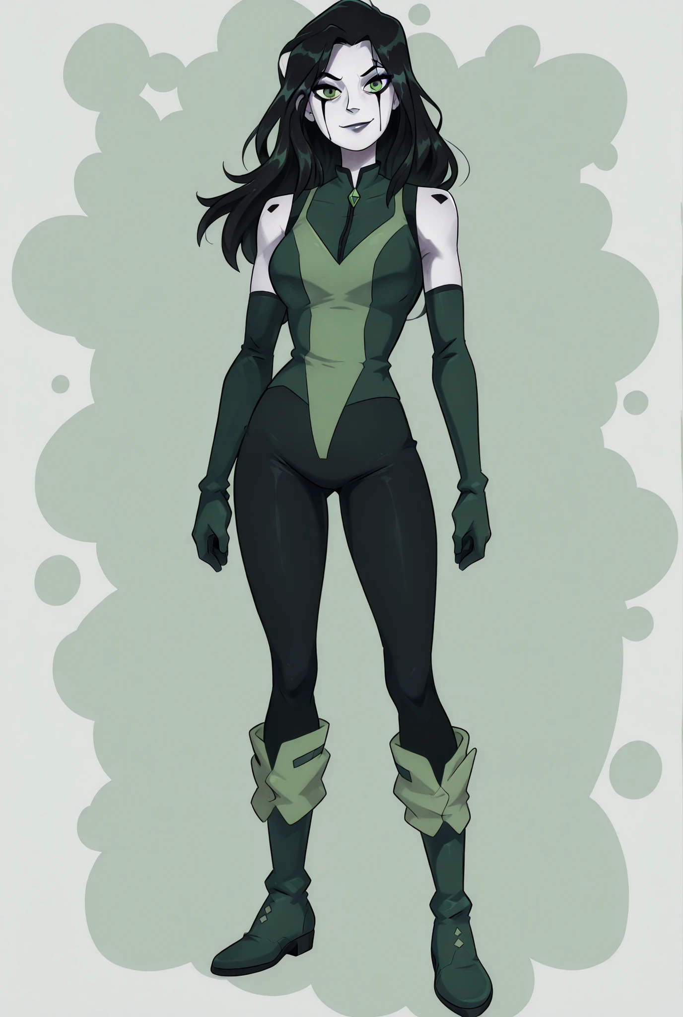 A woman with pale green skin and long black hair that falls down her back. Her facial features include eyes with dark makeup, a small nose and a confident smile. She wears a form-fitting outfit consisting of a black and green top, matching leggings and long green gloves. Two-tone asymmetrical boots in green and black, Her legs are covered with one black and one green boots, ((Standing)), Full Body:1.5, Light Grey Background, Simple Background, Simple Light Grey Background, ((1girl)), ((solo)), (((Frontal View))), Hands on hips,