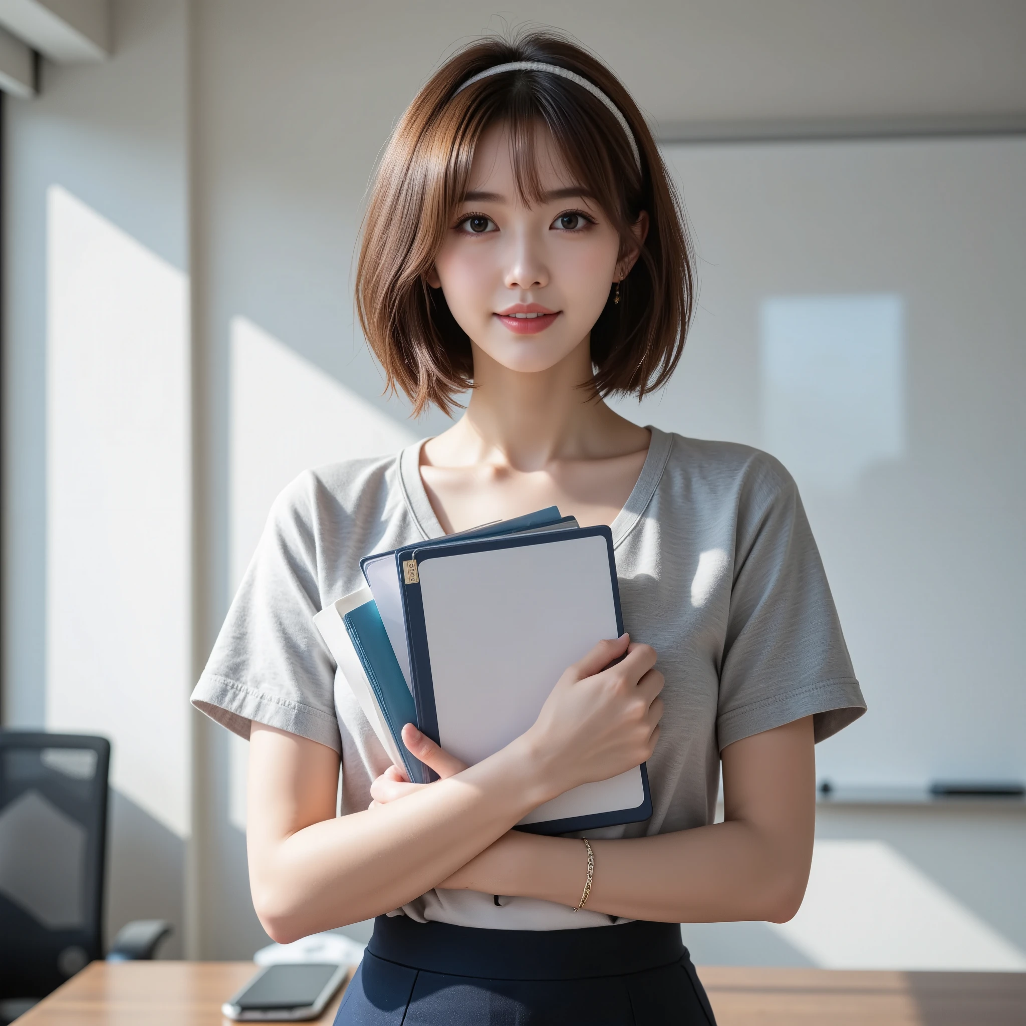 NSFW, (Uncensored), (Highest Quality), (Ultra-Precise CG 16K Wallpaper), (Realistic), (High Saturation), (Sharp), Beautiful Detailed Shading, Beautiful Natural Lighting, Beautiful Detail Glow, Natural Light, Depth of Field, (Mature 24-year-old woman, One person), (Beautiful Japanese face), (Soft wavy bob hairstyle with bangs), (Shiny brown hair), (Sparkling eyes), (C-cup size breasts), (Cleavage), (Beautiful breasts), (Beautiful legs), (Beautiful skin), Beautiful proportions, (Afternoon sunlight), (Woman is smiling with mouth open: 1.4), (The woman is looking at me), (Woman is wearing a light gray short-sleeved shirt and a navy blue tight miniskirt), (Wearing a white hairband), (Posing holding several files to her chest), (Conference room, whiteboard), (Full screen image), (Shot of woman from head to waist), (Image of woman seen from diagonal front), (Woman standing in front of whiteboard),