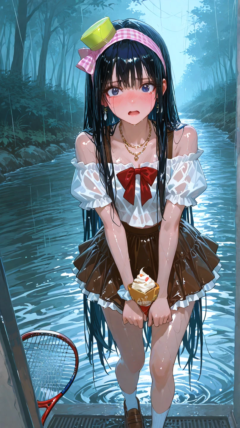gothic lorita,Old castle,sologirl,Old castle courtyard in heavy rain,In front of colorful flower beds,crouching down,Drenched Gothic Lolita Girl,piercings,Gothic Lolita Makeup,Gothic Lolita Dress,Gorgeous costumes with fluttering lace,(The whole body is soaking wet,Rainwater dripping from the face,Wet face,wetting hair,Wet and glowing skin,Soaking wet costumes,),(Glossy light brown and orange two-tone hair,Short side ponytail),(The composition of the princess's face,big eye,Pointed lips,red lipsticks,Cute round face,A smile that makes the viewer happy,blushing with embarrassment,red blush,),(The 8k quality,masutepiece,top-quality,Ultra-high resolution output image,),intricate detailes,(Highly detailed raw full body photo:1.3),(Image Mode Ultra HD),