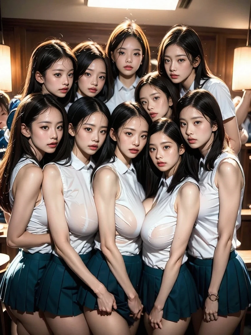 ((super high quality、High resolution、masterpiece、 Anatomically correct、Super detailed photos、Ultra-realistic photos、 Highest quality))、(2girls)、looking at viewer、((portrait))、(from below)、(huge breast)、Small waist、Detailed face、Perfect figure、Three high school girls close together、 Luxury hotel room with night view、Breast enlargement、((group photo))、((school uniform))