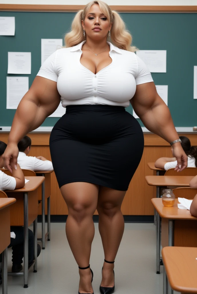 in classroom, (1), (dark skin), dark skin, wide shot, blond hair, orgasm, (floral sun dress with belt), (Masterpiece, Professional lighting, 16k, 8k wallpaper, raw photo, photorealistic:1.8, ultra detailed, natural lighting, detailed skin sexy pose, open mouth, big lips, night time, eyes closed, magic energy, neon light, orgasm, screaming, narrow shoulders, thick thighs,