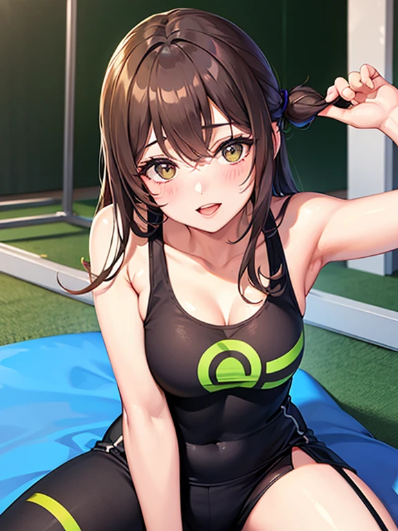 (masterpiece art, high best quality image, very detailed features) female wrestling
1Beautiful 21 years old girl, beautiful bully beautiful menacing face, light blue eyes, black hair tied in two in short pig-tails with two pink ribbons tidying the pig-tsils, big breasts, beautiful figure, big glutes, arrogant sadist smiling bully, (purple and green one-piece swimsuit, long green leather books), Agresive violent demeanor
Dirty gym