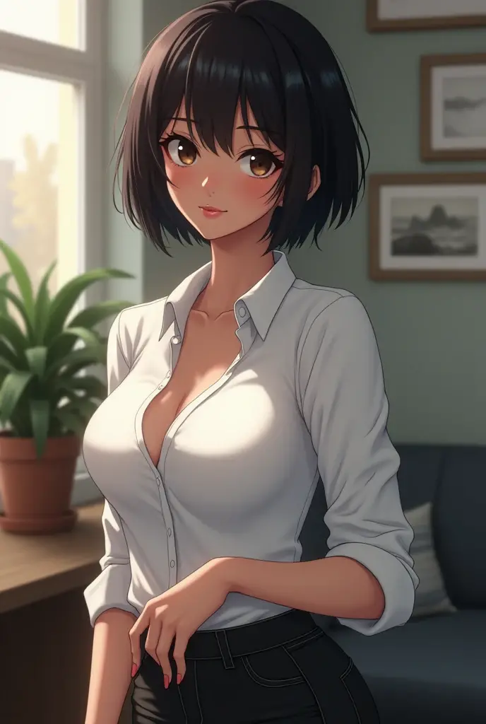 ((ultra quality)), ((masterpiece)), Lois Lane, ((black short hair tomboy hairstyle)), (Beautiful face), (beautiful female lips), (), charming, ((sexy facial expression)), looks at the camera, eyes slightly open, (Dark skin color), (dark skin), glare on the body, ((detailed beautiful female eyes)), ((dark brown eyes)), (juicy female lips), (dark eyeliner), (beautiful female hands), ((ideal female figure)), ideal female body, beautiful waist, gorgeous thighs, beautiful semi large breasts, ((subtle and beautiful)), sexy worth (Rear view), (White shirt, Black jeans) background: office, ((depth of field)), ((high quality clear image)), (clear details), ((high detail)), realistically, professional photo session, ((Clear Focus)), anime
