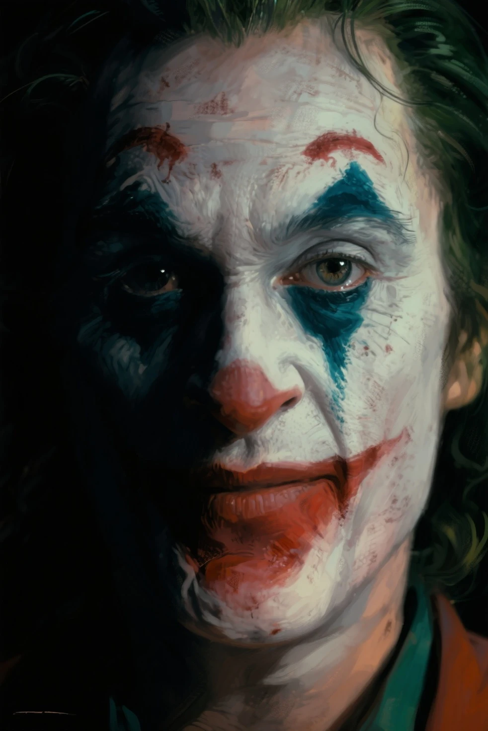 Masterpiece Illustration, high quality, high resolution 16k, a painting of a Joker with a smile on it's face, finnish cartoon, cgi art, oil painting, inspired by Mort Künstler, exaggerated expression, black background hyperrealism, by Václav Brožík, insane face, by Koloman Sokol, serious cartoon, cgi society, author unknown, incredulous, realistic texture, oil painting, ink, cloud,colorful