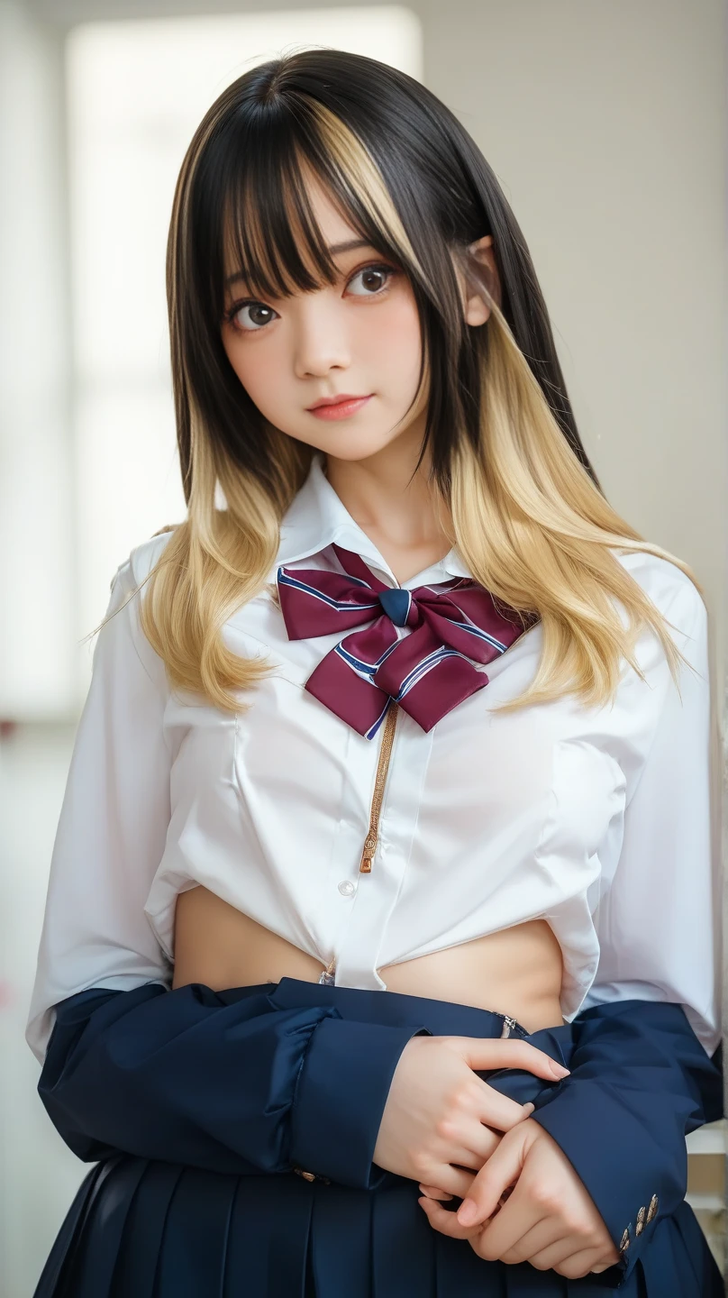 best quality, masterpiece, portrait, a photography of a beautiful girl, detailed face, sweet smile, (blush:1.2), long hair, 1girl, hair ornament, twintails, solo, breasts, blue eyes, cleavage, bow, bear hair ornament, necktie, blonde hair, smile, bangs, large breasts, looking at viewer, collarbone, shirt, nail polish, red bow, black shirt, underwear, bra, skirt, choker, black bra, sleeves rolled up, white necktie, red nails, open mouth, pleated skirt, red skirt, shiny, teeth, medium breasts, miniskirt, shiny hair, upper body, school uniform, pink hair, boots, upper teeth only, plaid skirt, blush, knee boots, plaid, black footwear, cross-laced footwear, junko enoshima <lora:junko-enoshima-lora-3:0.8:MIDDS>, random pose, random background,
<lora:pureInnocentGirl_v10(Pure_Innocent_girl):0.5>, Pure_Innocent_girl, pale skin, delicate face, porcelain skin,