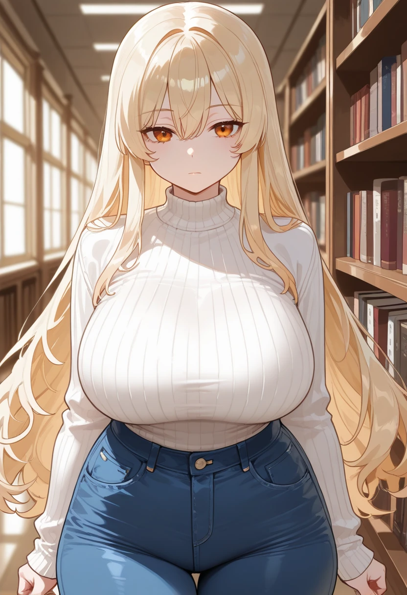 (Uhd, Masterpiece, Textured Skin, Super Detail, High Details, High Quality, Best Quality), Detailed Face, 1woman, mature pretty woman, ((Wide hips, thick thighs, massive huge breasts)), Blonde hair tied up, (Black sweater shirt), jeans, (Huge Body), (Hair tied up with side bangs)