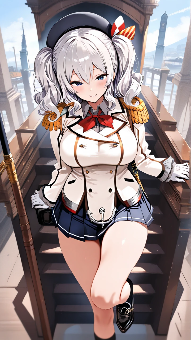 A beautiful 20 year old girl in uniform posing on a ledge with her hands on her hips, anime girl, military hat, red puffy miniskirt, white blazer, white stockings, big round breasts, white panties, standing, blue sky, dark brown hair, long red bangs, french braid, long hair, wavy hair, shiny hair, hairclip, hair ribbon, aqua eyes, glowing eyes, pupils sparkling, earrings, blush, puckered lips, confused, red lips, high detail, anime, anime style, depth of field, dithering, image fill, from the front, from below, from side, perspective, lens flare, Wide-Angle, f/1.8, 85mm, Nikon, 8k, super detail, UHD, retina, masterpiece, accurate, anatomically correct, textured skin, best quality, highres, 16k