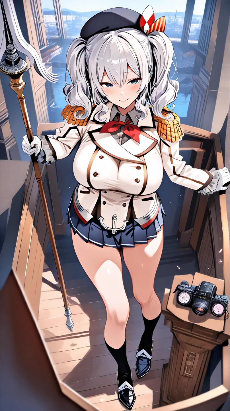 1 girl,Solo,between thighs,masterpiece best quality,very aesthetic,absurdres,medium bangs,big breast,crotch,silver and blue,Bluish silver,military hat,White jacket,jacket,sleeve,miniskirt,front view,stocking,(open),panties,