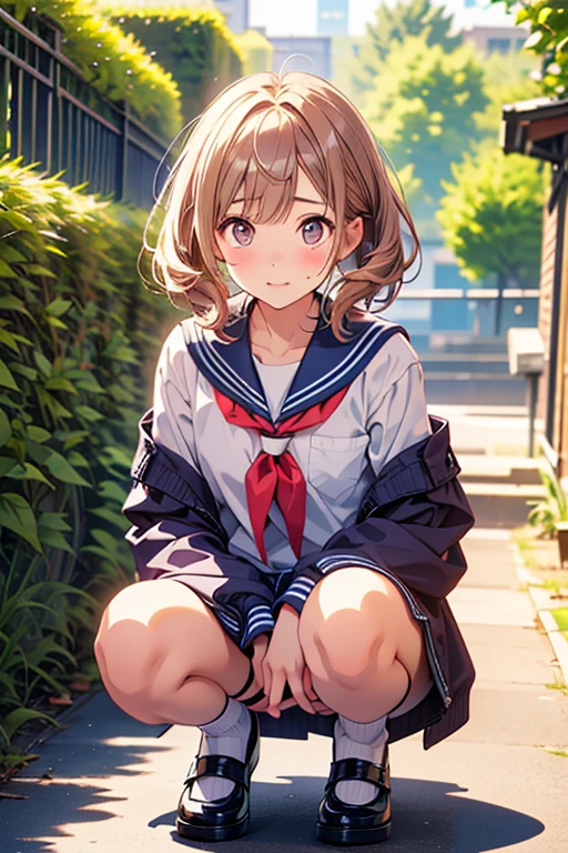 (highest quality:1.2, 4K, 8k, Studio Anime, Very detailed, Latest, Vibrant, High detail, High Contrast, masterpiece:1.2, highest quality, Best aesthetics), (((1 girl))), Sit and pose, jk, Sailor suit, Pleated skirt, loose socks, loafers, Please open your mouth a little:1.2, smile, Dynamic Angle, look up:1.3, Friendly atmosphere, Beautiful Hair, Shiny Hair, Beautiful Skin, detailed face and eyes, Glossy lips, female curvy beauty, Striking contrast,