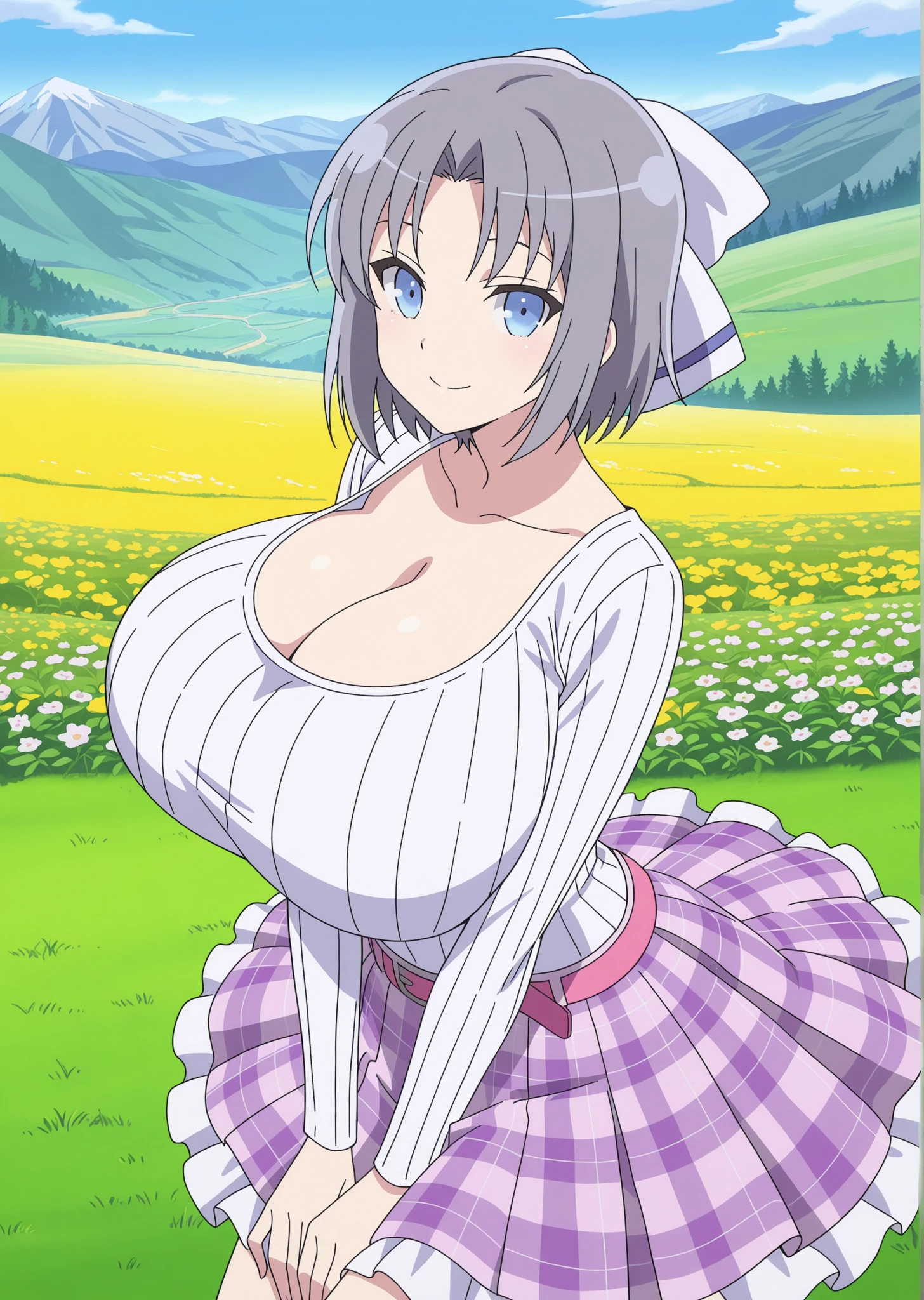 There is a girl standing in a field of flowers looking up at the sky, a girl standing in a field of flowers, a girl walking in a field of flowers, lost in a dream wonderland, standing in a field of flowers, fantastic digital painting, the sky is clearing little by little, the starry sky gradually recedes Senran Kagura yumi 8K, Best Quality, (photorealistic:1.4), raw photo, (curved body), (curved thighs), (huge breasts, perky breasts:1.4),