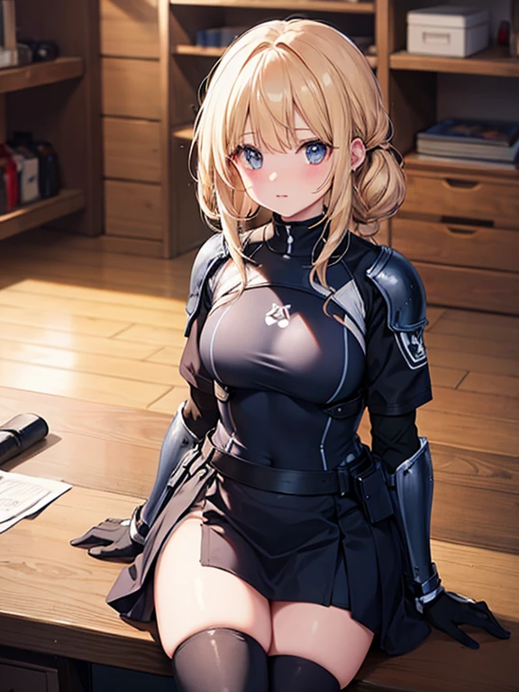 1 armored warrior, feminine, big boobies, Mediovale, blondie hair, Medium hair, blue colored eyes, Red lips, fully body, sitting