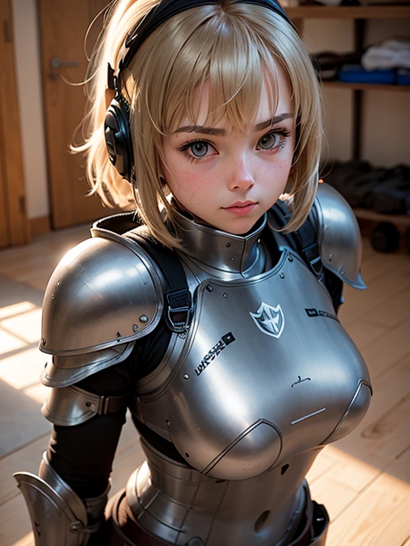 masterpiece, ,(alone:1.1), (Bright lighting:1.2), Highly detailed face, Brown Hair, short hair, Braided hair, Perfect lighting, highest quality, ((mature woman)), 19 years old, woman, One girl, penis, Heterosexual, One boy, Blowjob, Oral, alone focus, throw, Plump body, Ahegao, (Roll your eyes:1.4), (AHG:1.4), (Look up:1.4), Ecstatic expression、Wearing iron armor