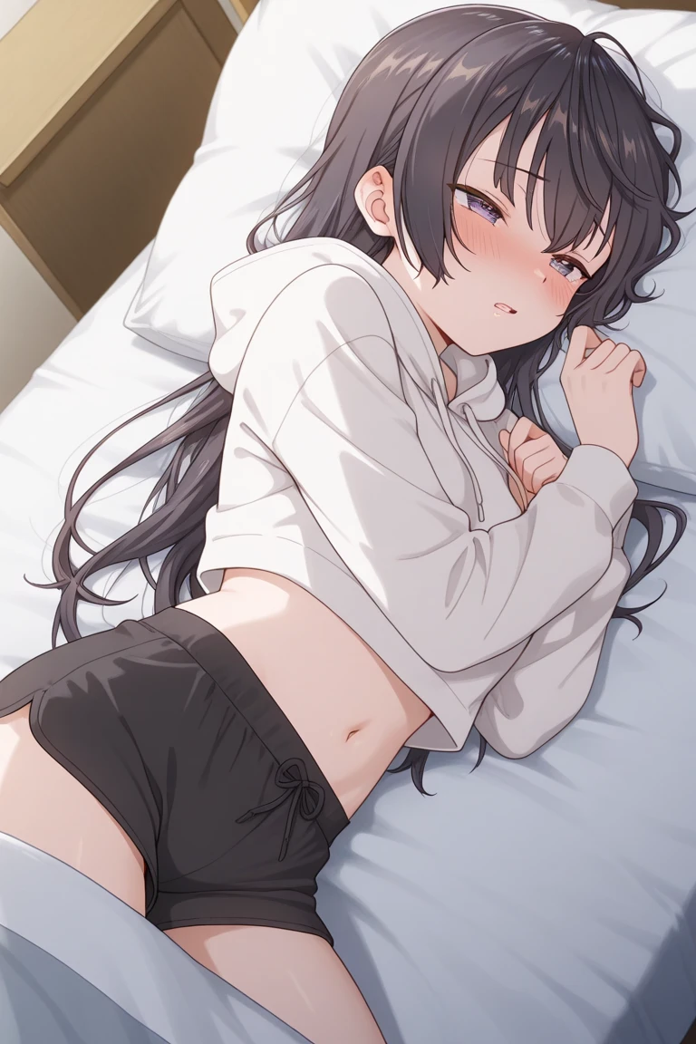 high quality, 最high quality、 Stylish design, (((The cutest girl))), ((Thin legs))、(((最high quality))), High resolution, ((detailed)), ((masterpiece)), ((Super detailed)), 14-year-old girl、Black Hair、Inner Color、((Lying on your back in bed)),((Light clothing,underwear)),((Sexual)),(((Shyness,Eyes closed)))