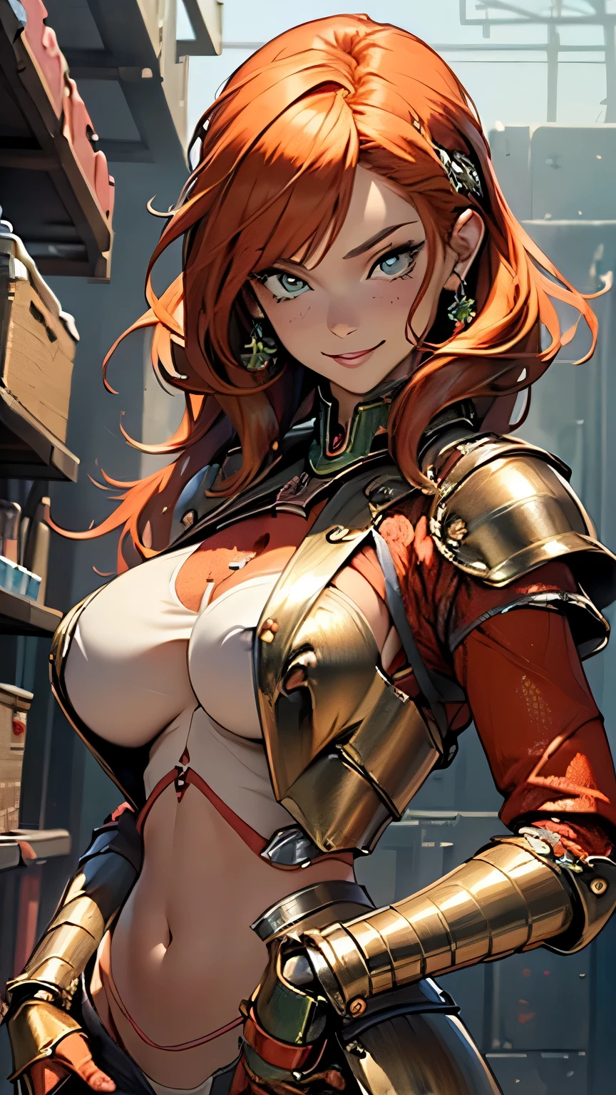 top view, volumetric lighting, best shadows, shallow depth of field, portrait of incredibly cheerful, petite, delicate girl, attractive face, seductive green eyes, happy smile, closed mouth, lovely medium breasts, (red hair), short hair, freckles, thick eyelashes, open navel, thin waist, walking down the street, (high quality, amazing details: 1.25), bright color paintings, pink bikini, bodywriting, body painting,