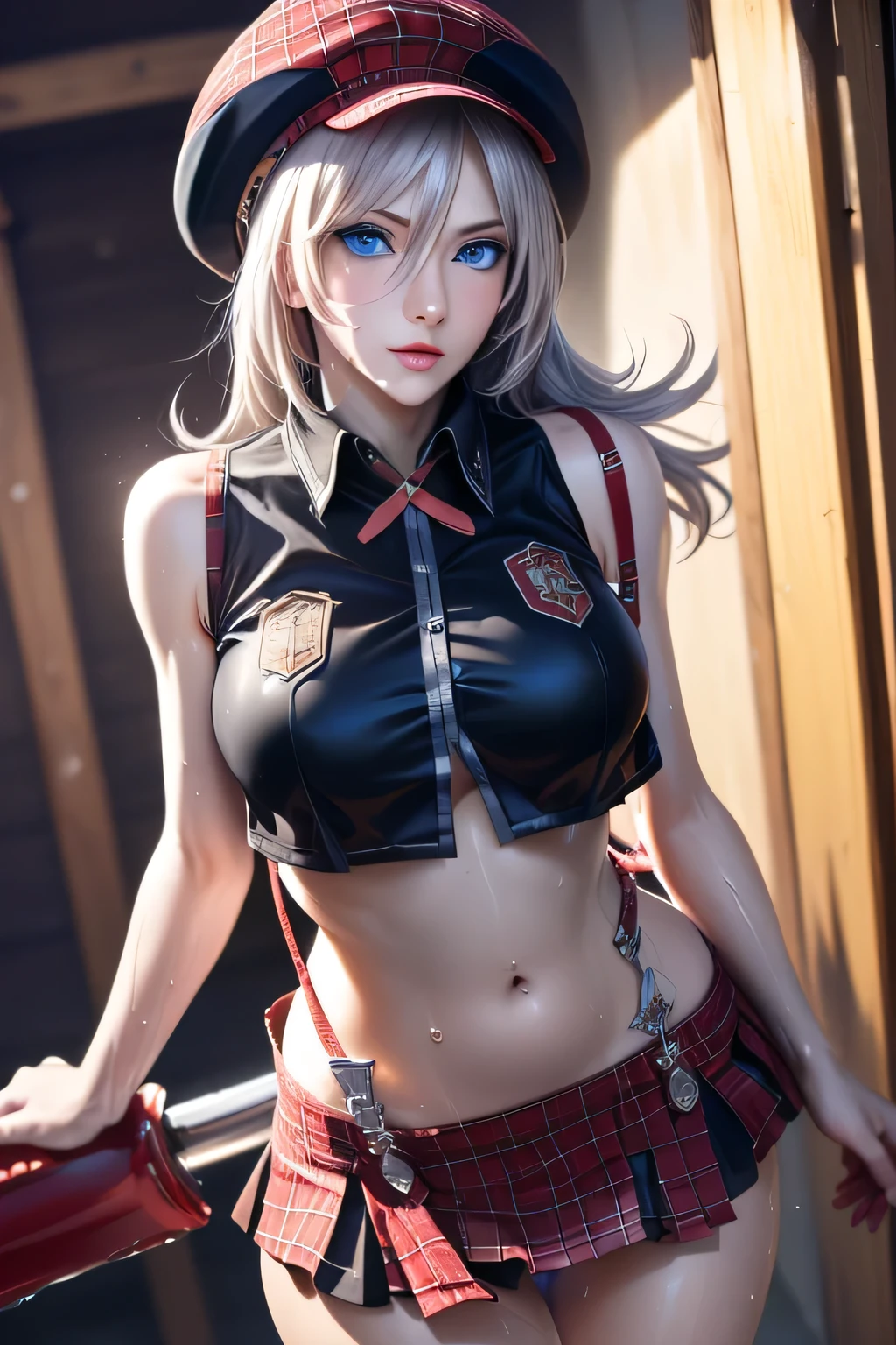 ((masterpiece, best_quality)), (photorealistic:1.4), solo, 1 girl, white_background, white_hair, long_hair, zettai_ryouiki,(black big ribbon accessories at the back of head), (sleeves rolled), toggle button pin buckle, mini pleated skirt with a slit in the front), outline nipple can be seen through the clothes, areola bulge, heels boots, belly, crotch gap, cameltoe ,shiny skin, sweaty skin, nose blush, belt underboob, under boobs, long legs, ((small thigh)), plump , peach 🍑, bustier, perfect belly, big breast