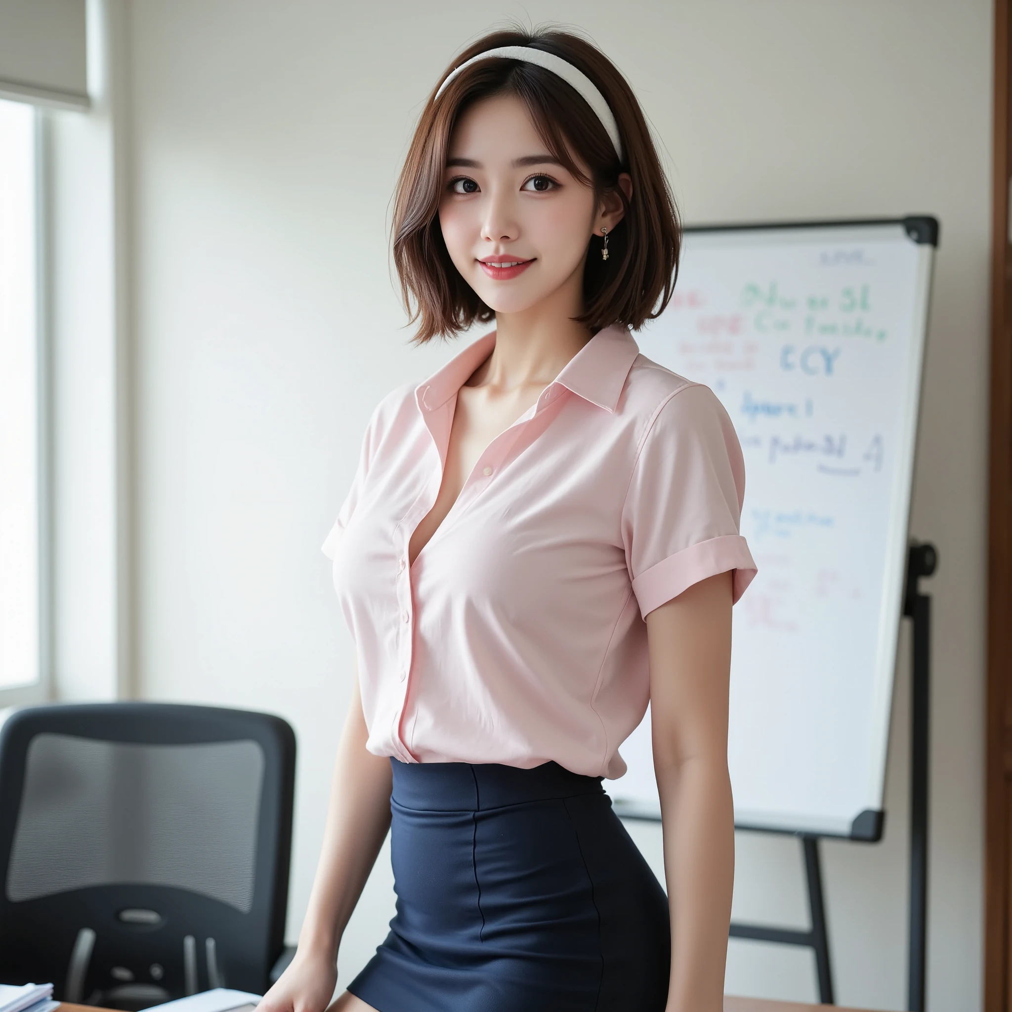 NSFW, (Uncensored), (Highest Quality), (Ultra-Precise CG 16K Wallpaper), (Realistic), (High Saturation), (Sharp), Beautiful Detailed Shading, Beautiful Natural Lighting, Beautiful Detail Glow, Natural Light, Depth of Field, (Mature 24-year-old Woman, One person), (Beautiful Japanese Face), (Soft Wavy Bob Hairstyle with Bangs Down), (Shiny Brown Hair), (Sparkling Eyes), (C-Cup Size Breasts), (Cleavage), (Beautiful Breasts), (Beautiful Legs), (Beautiful Skin), Beautiful Proportion, (Afternoon Sunlight), (Woman Smiling with Open Mouth: 1.4), (The woman is looking at me), (Woman Wearing a Light Pink Short Sleeve Shirt with an Open Neckline and a Navy Blue Tight Miniskirt), (Wearing a White Hairband), (Posing with Several Files), (Conference Room, Whiteboard), (Full Screen Image), (Shot of Woman from Head to Waist), (Image of Woman Looking from Diagonal Front), (Woman Standing in Front of Whiteboard),