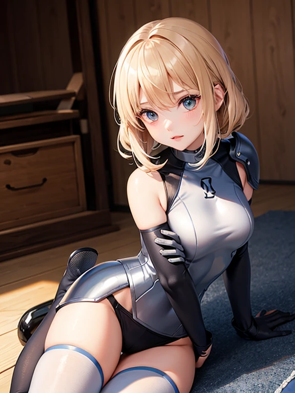 Nipples、Put your hands behind your head, show your armpits、highest quality,masterpiece,8k,One girl,((((((10 years old)))))),orgasm,blush, Sweat,fuuma_home town,(change,,Bobcut,Flat Chest, short hair,Wavy Hair:1.5),Blonde,Short Hair,black , thighhighs,garter_strap,Black Elbow_gloves,Green Gem,thigh_boots,Covered navel、Turquoise Eyes、Please have blonde hair、Please make a mocking expression、Nipplesとお腹と股間は裸にしてください
