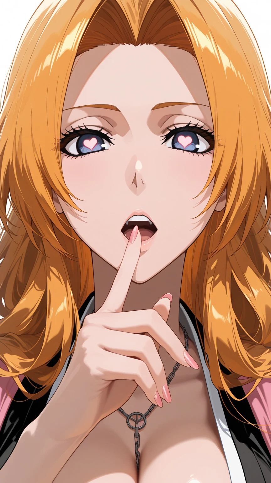 rangikumatsumoto, Rangiku Matsumoto, Cabello largo, cabello naranja, topo, lunar debajo de la boca, flequillo partido, They are smiling, escote, La mejor calidad, High resolution, Unidad 8K Fondo de pantalla, (illustration:0.8), Cara extremadamente detallada, perfect ilumination, night, face, open mouth, uvula, mouth, tongue, tongue out, long hair, blue eyes, grey eyes