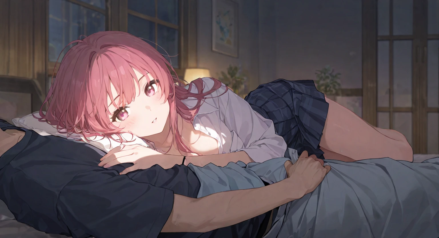 Two adult friends, A Man and a Woman, the man is taking care of the woman in bed, she's sick, This woman has blonde hair and blue eyes., she wears pink pajamas, while the man has black hair and black eyes