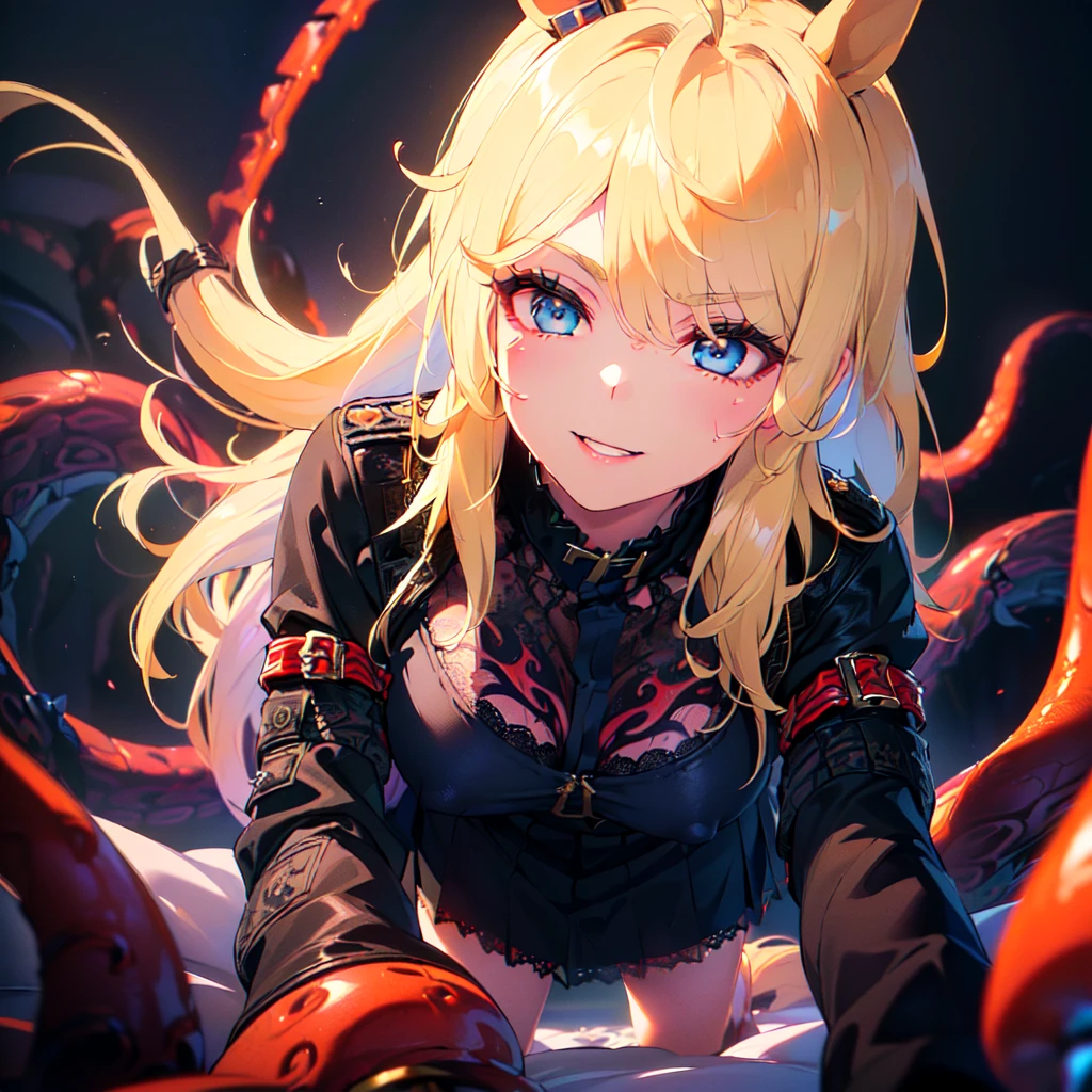 Backgrounds are lanterns, torii, oiran and black mask, full moon, model pose, (glossy skin, sweaty: 1.4), rabbit ears, thick eyebrows, female brat, small, pigtails, beautiful blonde hair, braids, (masterpiece), ((best quality)), (super detailed), full body anime girl, two girls, lily, clean and detailed face, five fingers, textile shading, perfect human structure, perfect ???????,