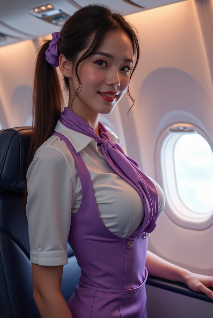 masterpiece, stewardess, seduction, smile, stewardess, long brown hair, on airplane seat, very big breasts,purple lace lingerie, light purple satin dress, chiffon puff sleeves, garter belt, garter belt stockings