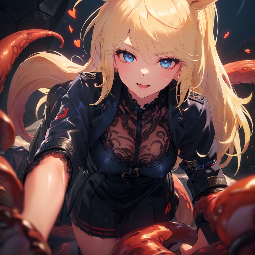 masterpiece, best quality, high definition images, atmospheric perspective, expressive eyes, perfect face, ultra detailed, solo, 1mature seductive woman restrained by tentacles, female knight, looking panic, blond long hair, hair ribbon, armour, tentacles crawling cleavage, 
 torn clothes, miniskirt, flip-up skirt, tentacles touch panties, tentacles wrap thighs, over knee socks, high boots, serious expression, open mouth, lots of tentacles swarming,