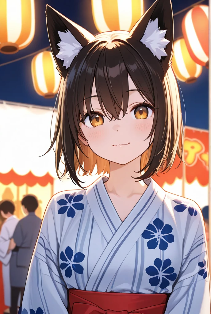 izuna(blue archive),1girl,solo,halo,Females in heat,open mouth,smile,fox ear,one Light brown thick tail,yukata,Peace sign with right hand,super huge breasts,near,looking at viewer,Happy,summer festival