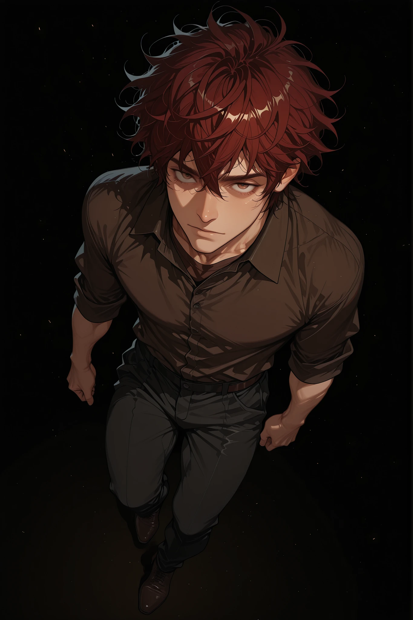 1 male, young man,handsome face, red hair(messy hair, short hair), brown Eyes , black pants, dark brown shirt, Black Background, full body, fit body, dark theme, dynamic composition, masterpiece, best quality, dynamic angle, high quality, amazing quality, very aesthetic, absurdres, newest